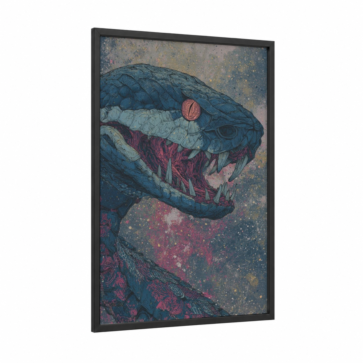 Crimson Viper framed art print — black wood frame — dark blue and magenta palette