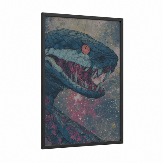 Crimson Viper framed art print — black wood frame — dark blue and magenta palette