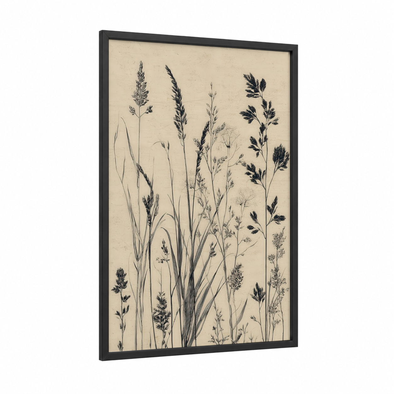 Botanical Grasses framed art print — black wood frame — cream and black and white palette