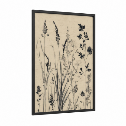 Botanical Grasses framed art print — black wood frame — cream and black and white palette