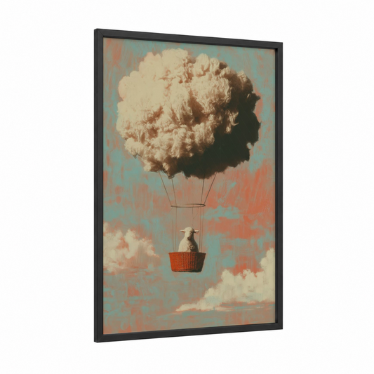 Dreaming Sheep framed art print — black wood frame — cream and blue palette