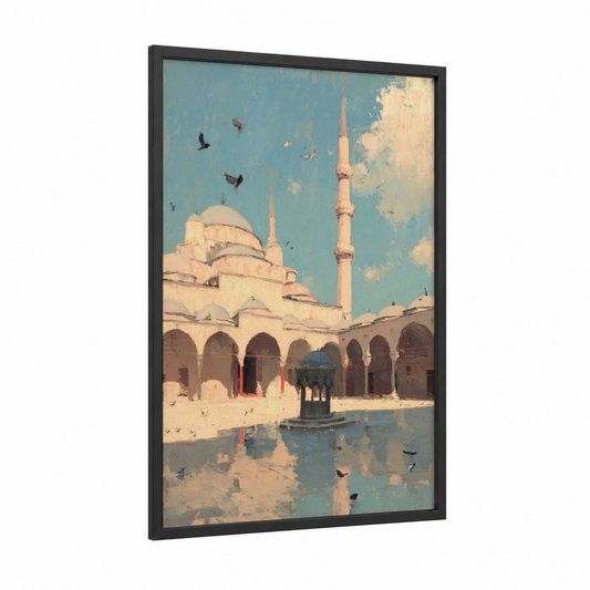 Courtyard Mosque framed islam print — black wood frame — cream and blue and white palette