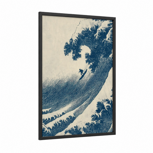 Great Wave Surfer framed surfing print — black wood frame — dark blue and cream palette