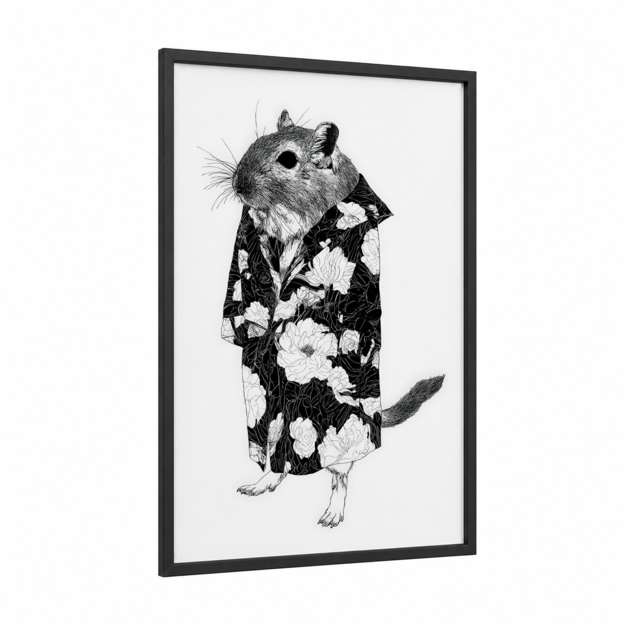 Floral Gerbil framed art print — black wood frame — black and white palette