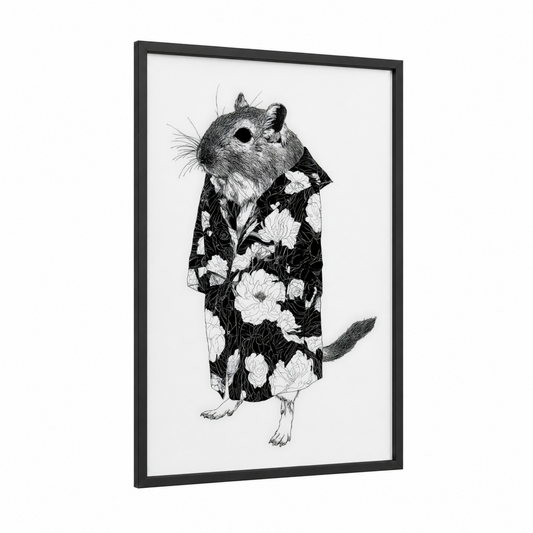 Floral Gerbil framed art print — black wood frame — black and white palette