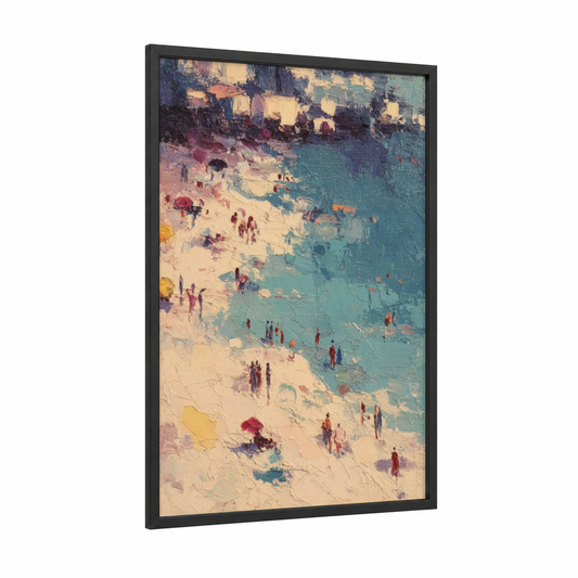 Seaside Summer Crowd framed sandy beach print — black wood frame — cream and teal palette