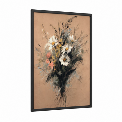 Wildflower Sketch framed daisy print — black wood frame — beige and gold palette