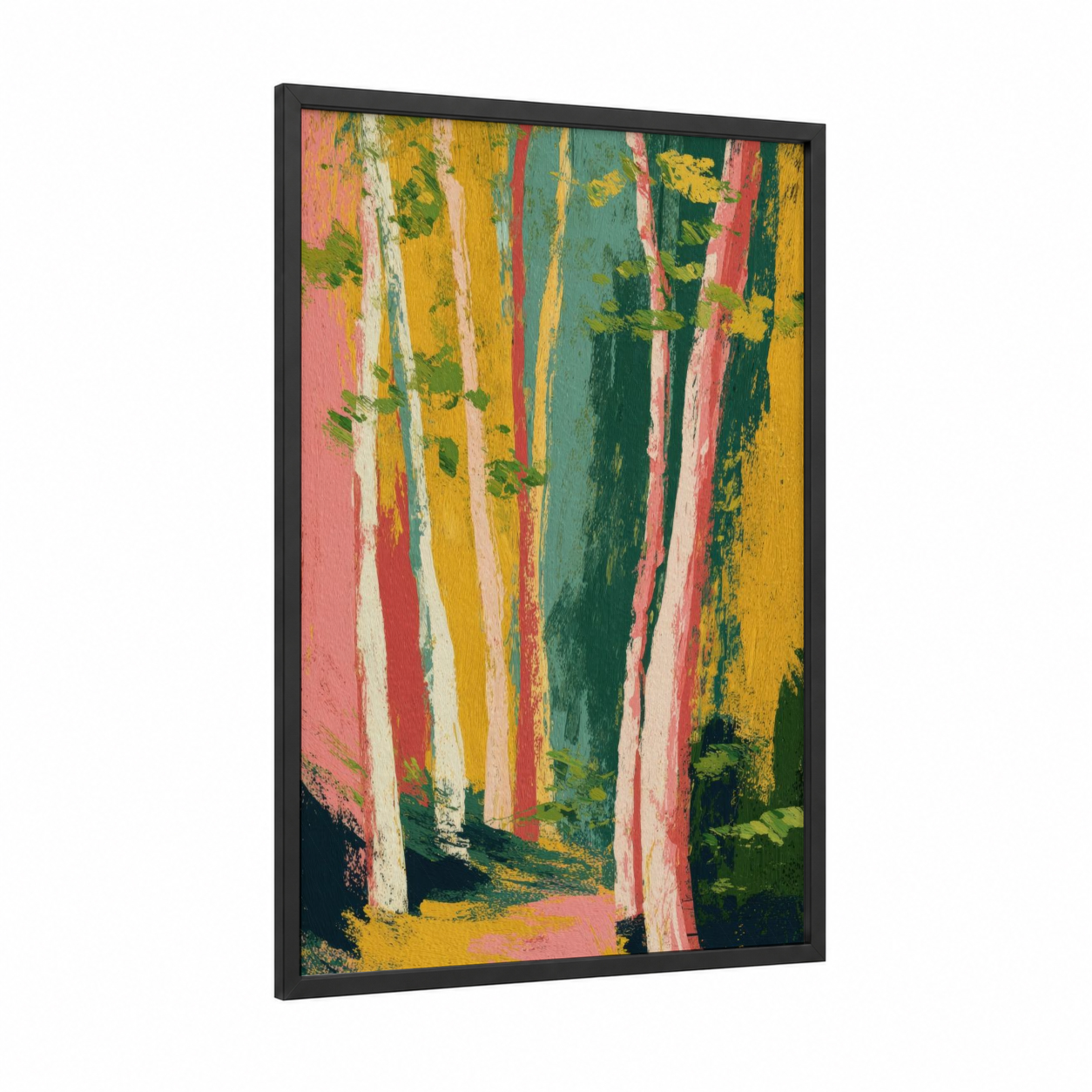 Colorful Willow Forest framed art print — black wood frame — pink and yellow gold palette
