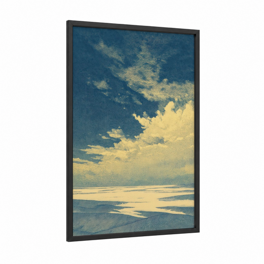 Golden Morning Sky framed art print — black wood frame — blue and yellow gold palette