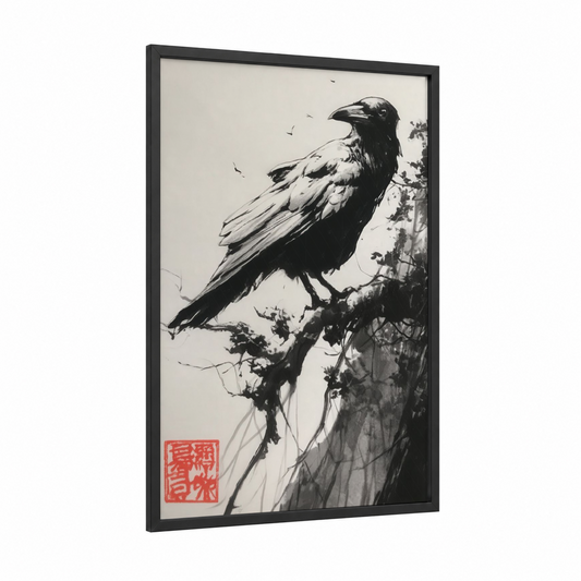 Perched Raven framed crows and ravens print — black wood frame — black and white palette