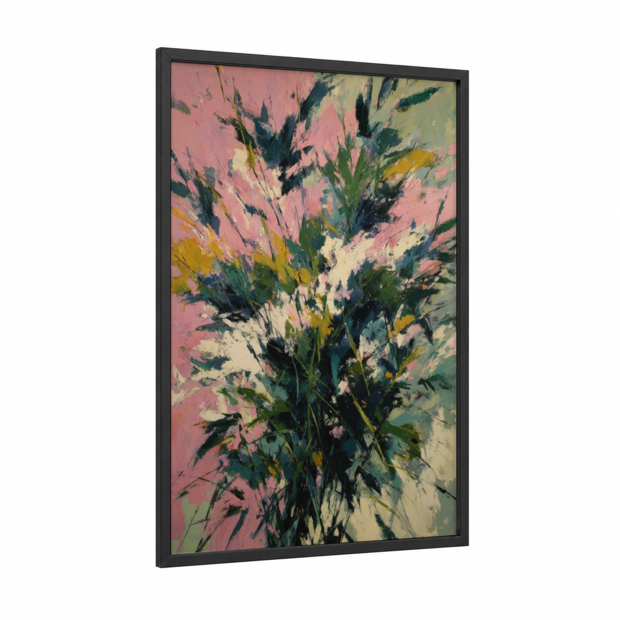 Vibrant Tropical Burst framed tropical trees print — black wood frame — pink and green palette
