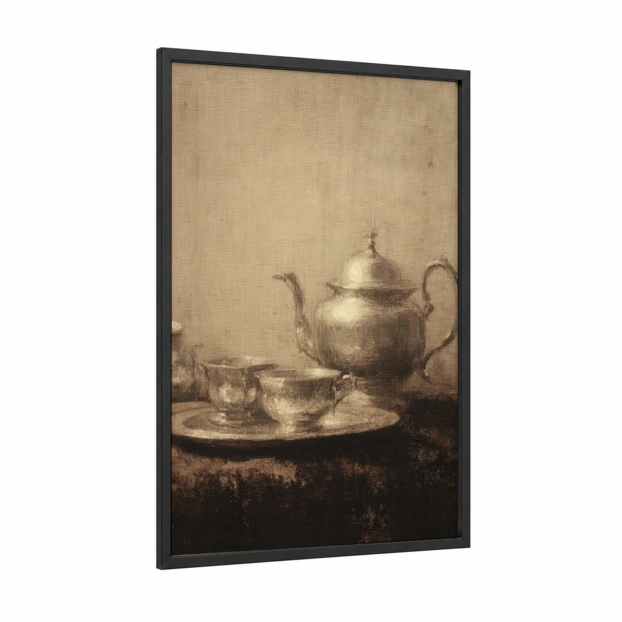 Vintage Tea Service framed kitchen utensils print — black wood frame — champagne gold and nobel palette