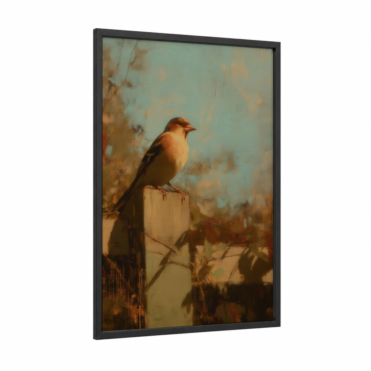 Golden Finch framed art print — black wood frame — gold and sage green palette