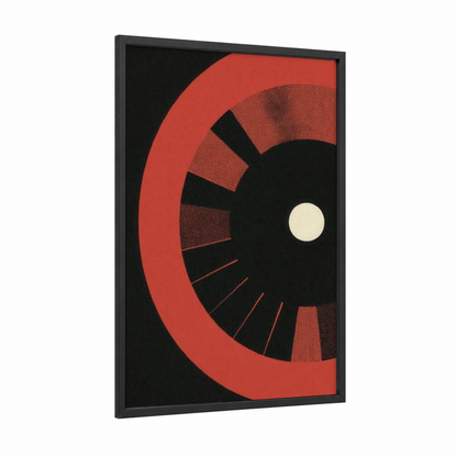 Crimson Roulette Wheel framed art print — black wood frame — red and black palette