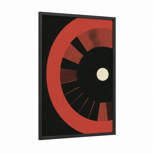 Crimson Roulette Wheel framed art print — black wood frame — red and black palette