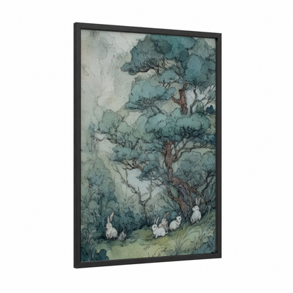 Juniper Gathering framed juniper tree print — black wood frame — teal and sage green palette