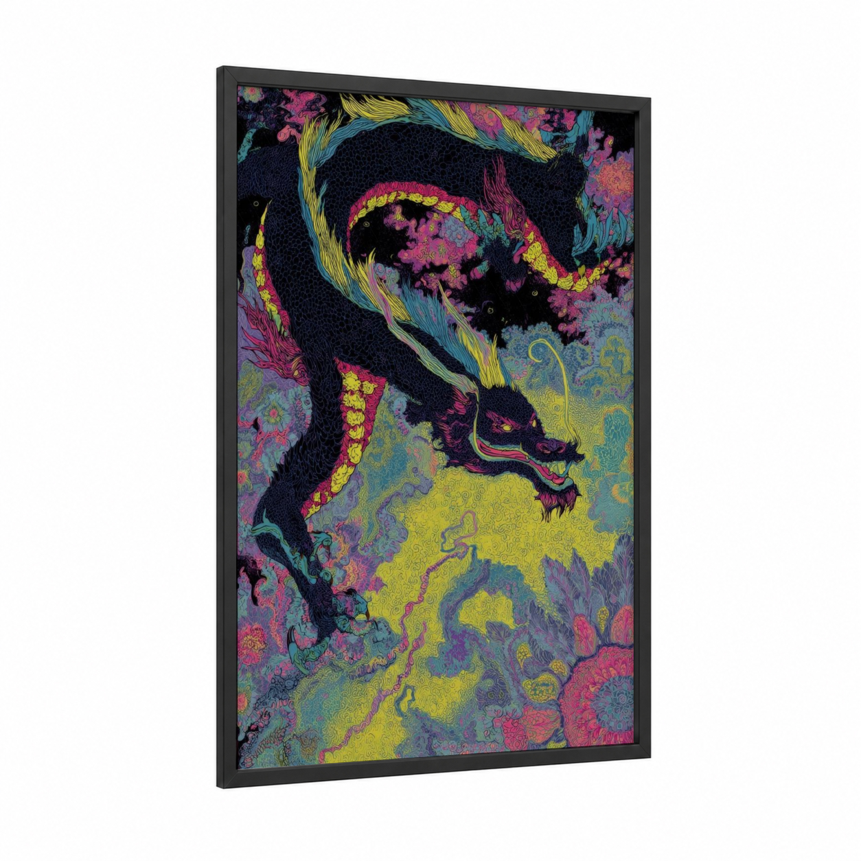 Neon Dragon framed art print — black wood frame — magenta and yellow gold palette