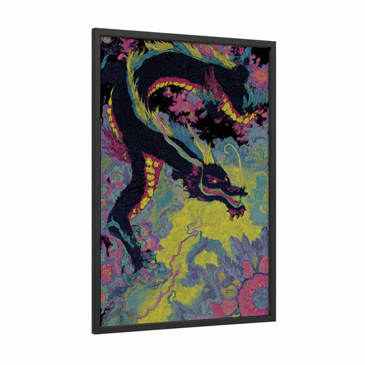 Neon Dragon framed art print — black wood frame — magenta and yellow gold palette