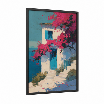 Bougainvillea Cottage framed art print — black wood frame — blue and magenta palette