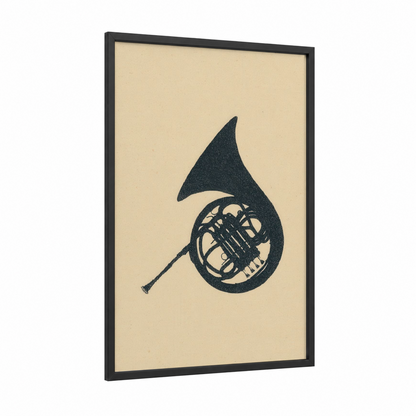 Teardrop French Horn framed art print — black wood frame — black and cream palette