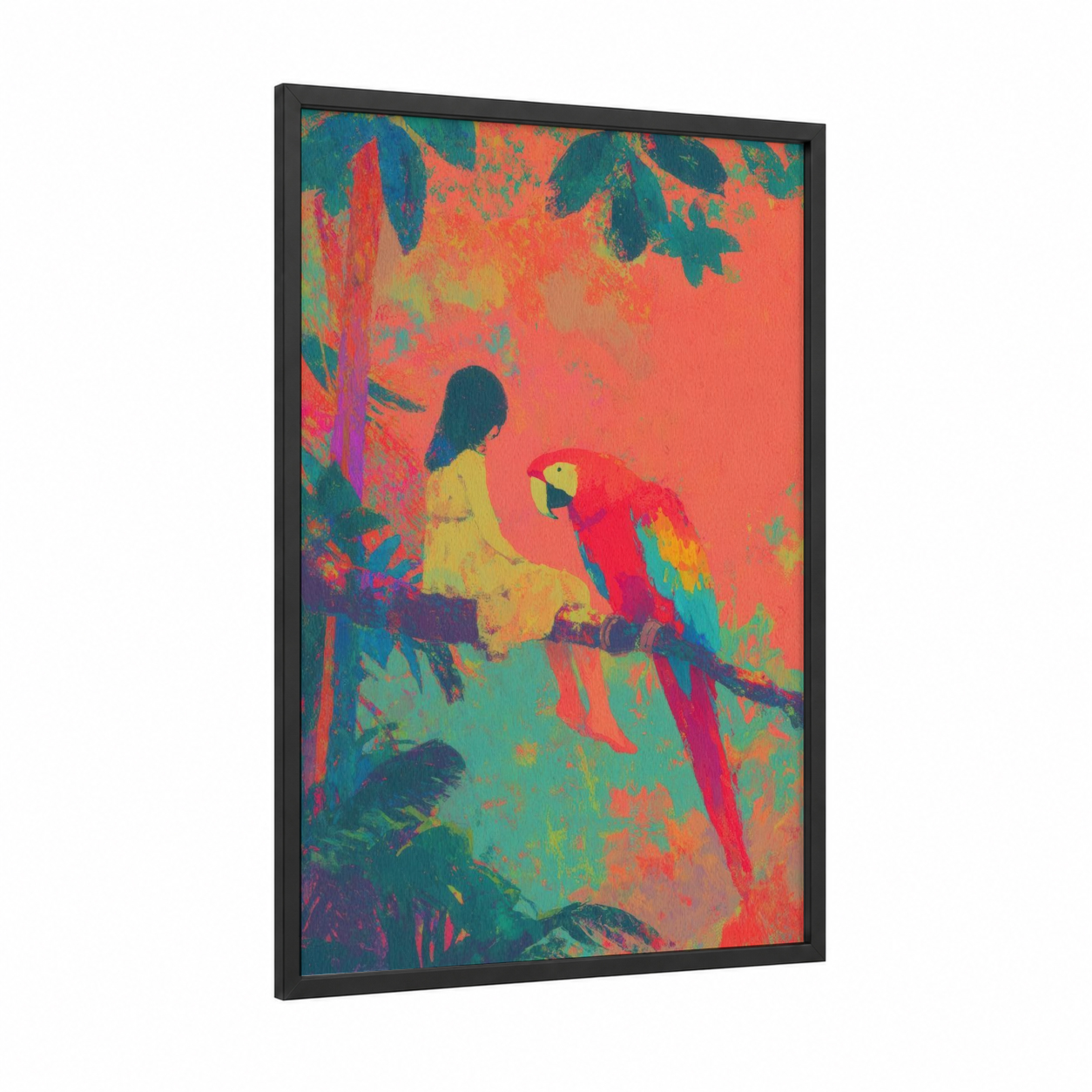 Tropical Parrot Adventure framed kids animals print — black wood frame — red and teal palette
