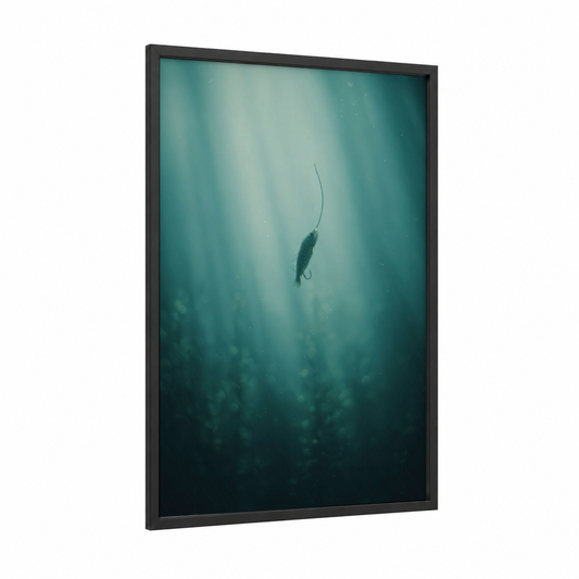 Deep Water Lure framed fishing print — black wood frame — teal and blue and gray palette