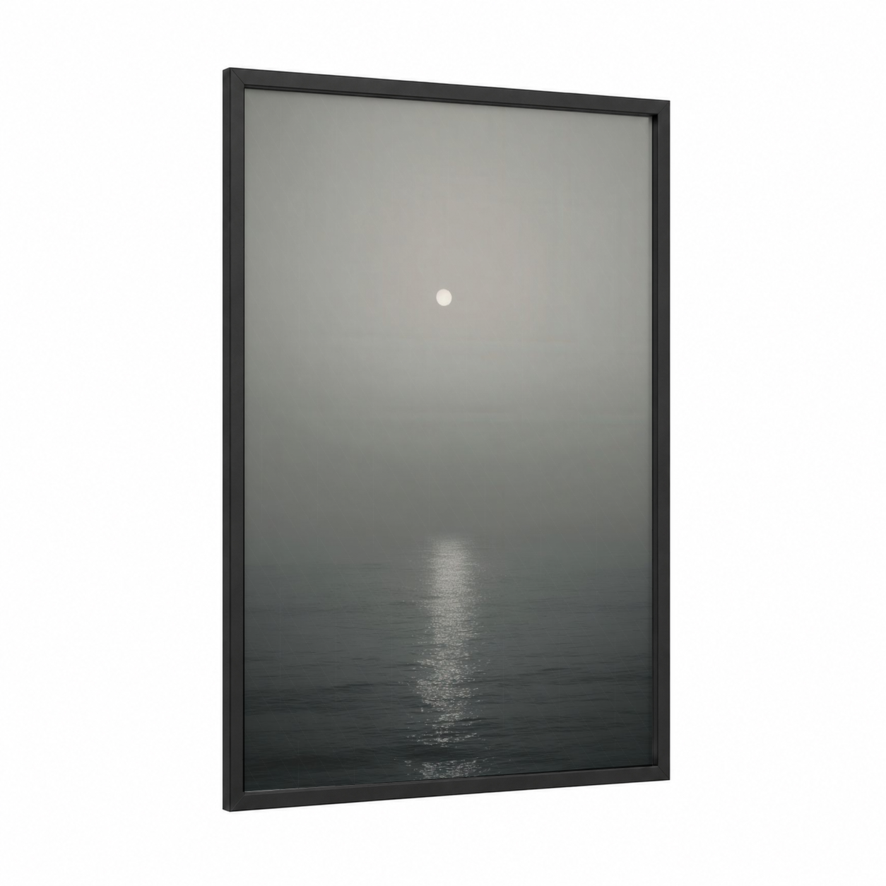 Misty Dawn framed sunrise print — black wood frame — gray and white palette