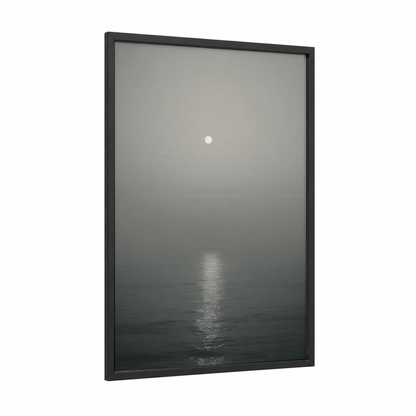 Misty Dawn framed sunrise print — black wood frame — gray and white palette