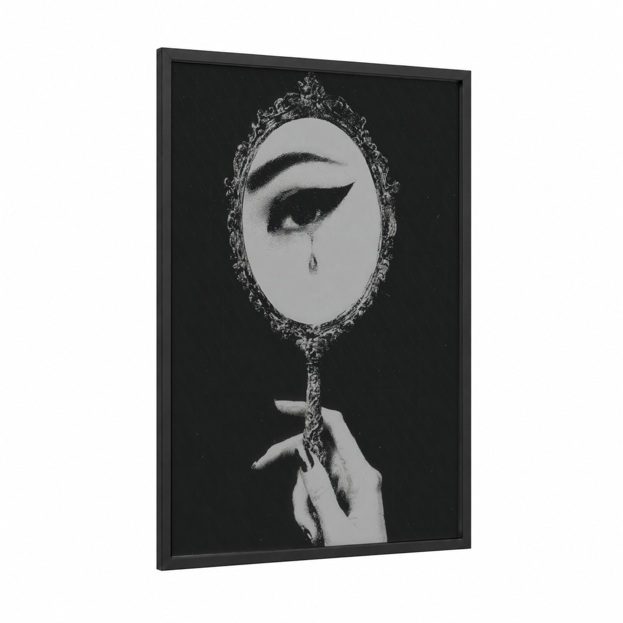 Tearful Mirror framed make up print — black wood frame — black and white palette