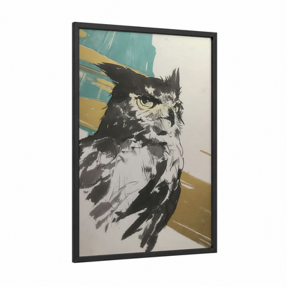 Watchful Owl Portrait framed art print — black wood frame — black and white and teal palette