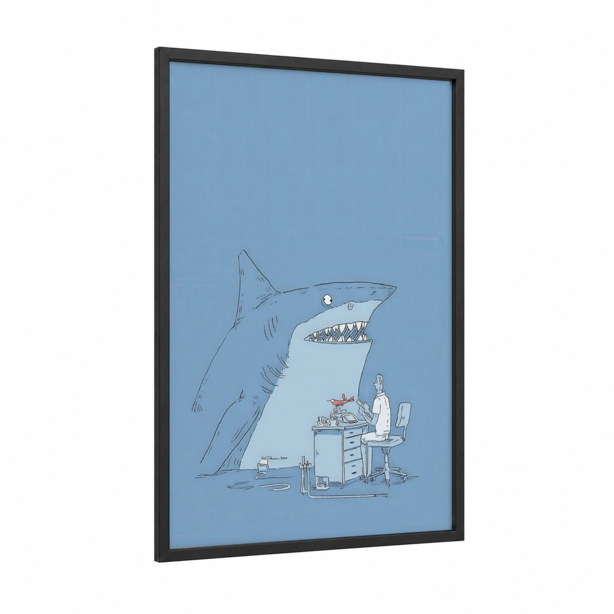 Dentist Shark framed blue shark print — black wood frame — blue and white palette