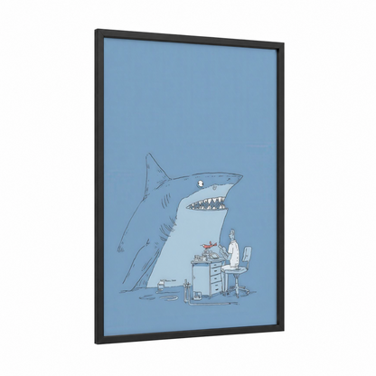 Dentist Shark framed blue shark print — black wood frame — blue and white palette