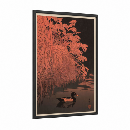 Riverside Duck framed ducks print — black wood frame — pumpkin and black palette