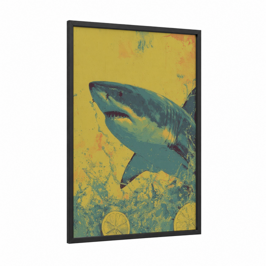 Citrus Lemon Shark framed art print — black wood frame — yellow gold and teal palette