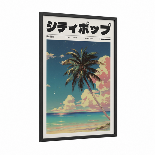 Tropical Sunset Anime framed anime and manga print — black wood frame — blue and gold palette