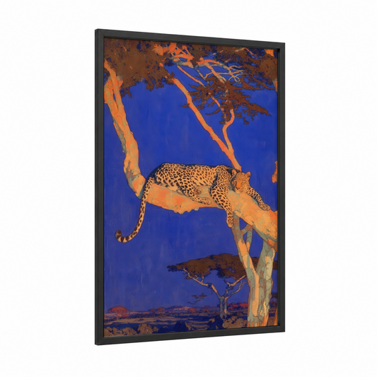 Twilight Leopard framed art print — black wood frame — royal blue and gold palette