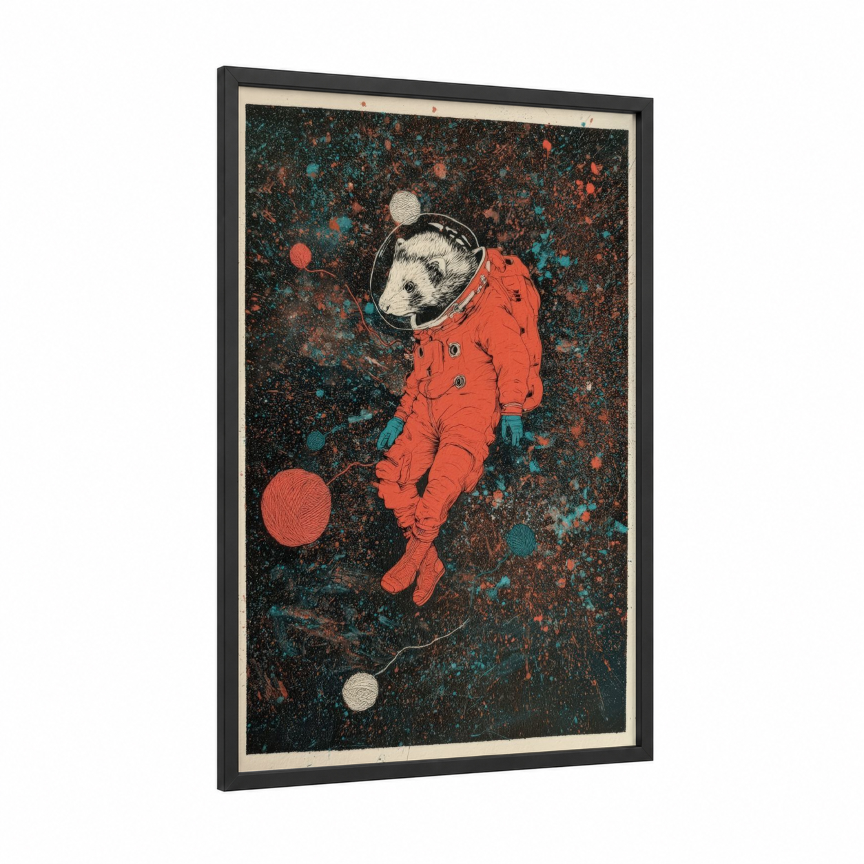 Cosmic Ferret framed art print — black wood frame — red and teal palette