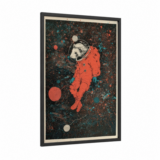 Cosmic Ferret framed art print — black wood frame — red and teal palette