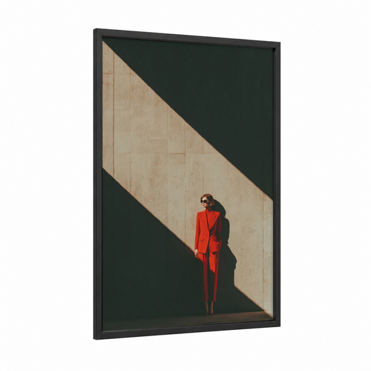 Red Suit Confidence framed fashion photography print — black wood frame — red and dark green palette