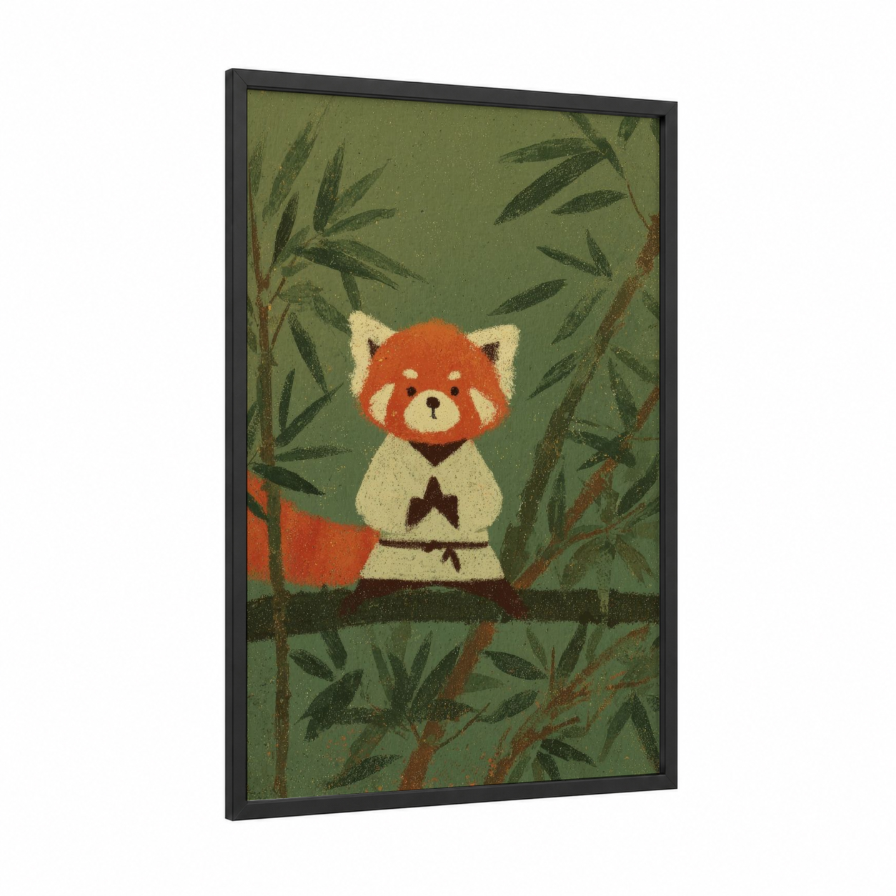 Bamboo Karate Panda framed art print — black wood frame — sage green and russet palette