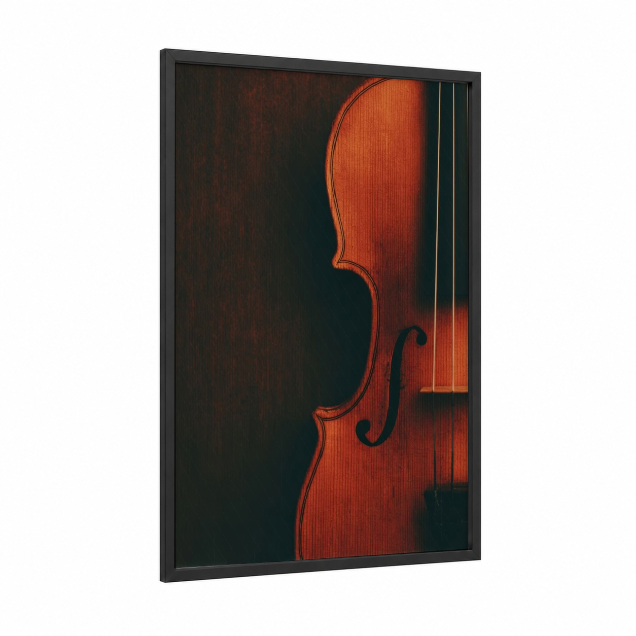 Crimson Violin Portrait framed art print — black wood frame — red and black palette