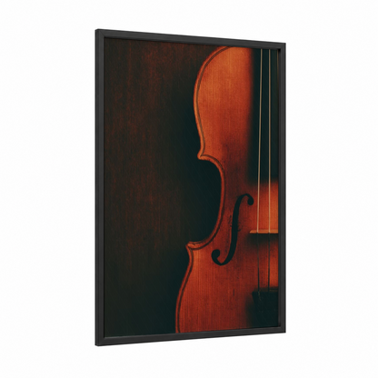 Crimson Violin Portrait framed art print — black wood frame — red and black palette