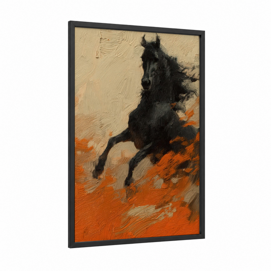 Desert Stallion framed andalusian horse print — black wood frame — cream and orange palette
