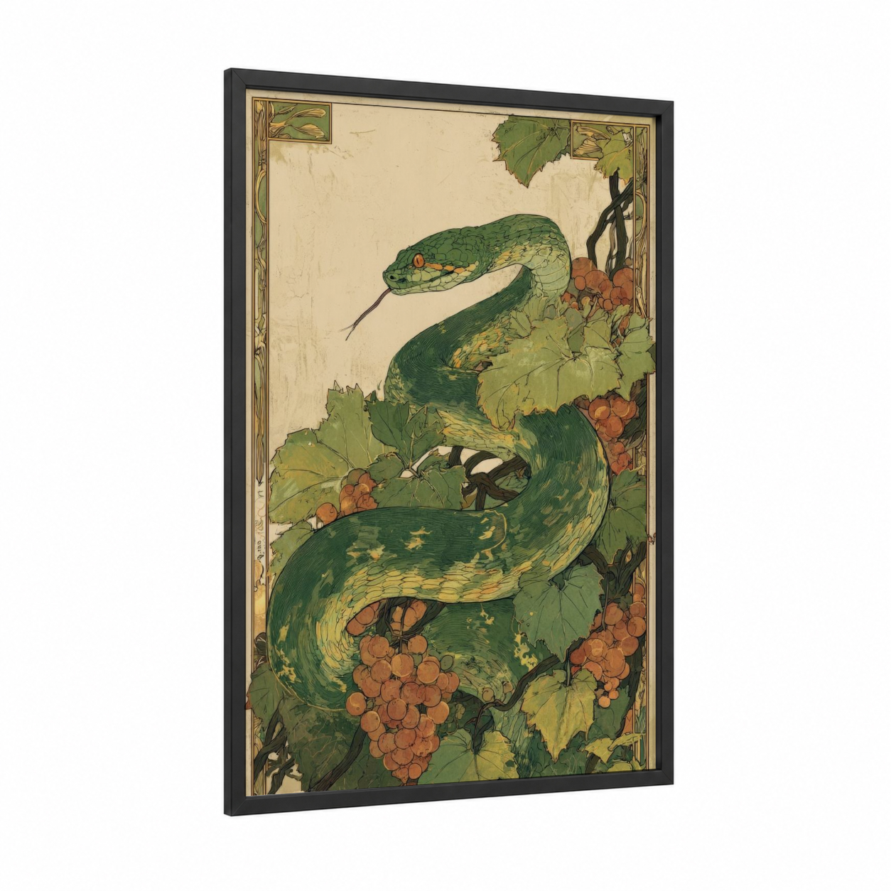 Golden Viper framed art print — black wood frame — dark green and gold palette