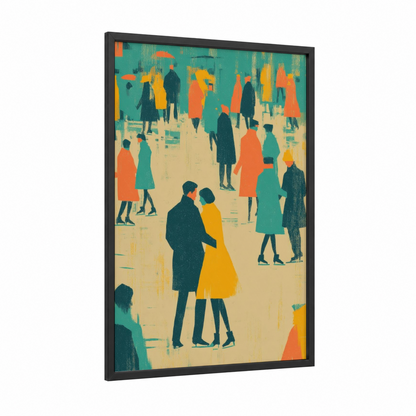 Urban Ice Embrace framed ice skating print — black wood frame — teal and mustard palette