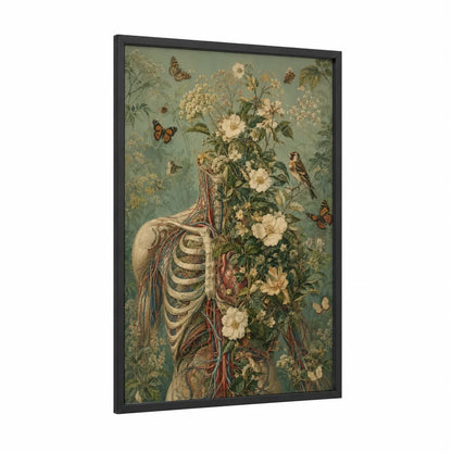 Anatomical Floral Skeleton Wall Art framed skull print — black wood frame — sage green and cream palette