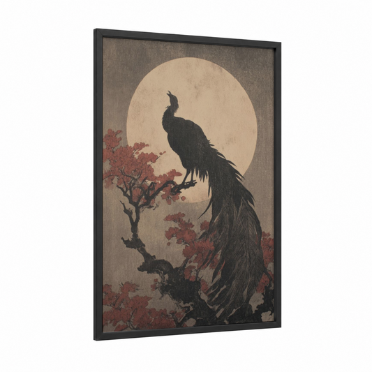 Moonlit Peacock framed dark fantasy print — black wood frame — black and russet palette