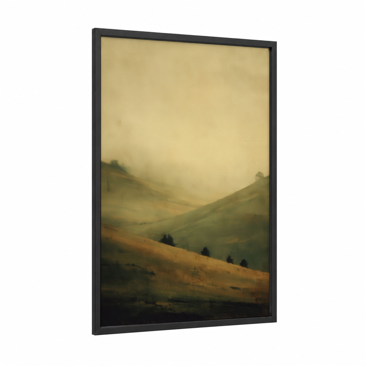 Misty Valley Landscape framed green field print — black wood frame — beige and sage green palette
