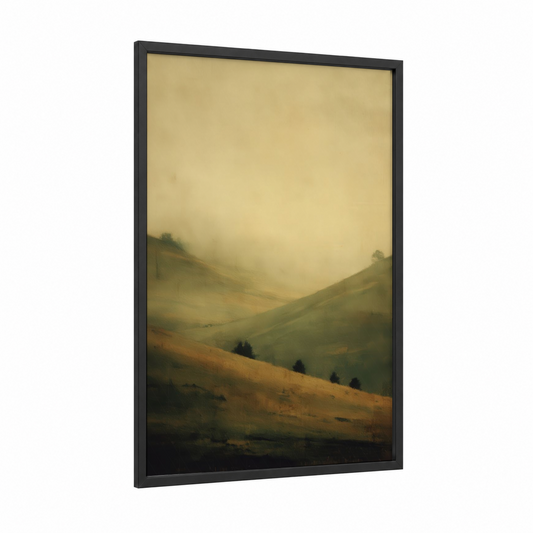 Misty Valley Landscape framed green field print — black wood frame — beige and sage green palette