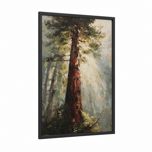 Misty Redwood framed redwood tree print — black wood frame — olive and cream palette